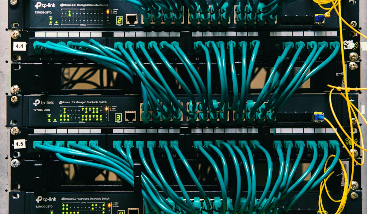 Network switch rack with patch cables